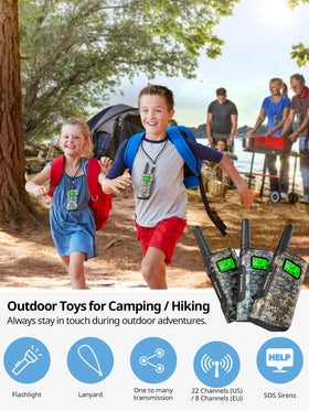 Two kids use Inspireyes Kids Walkie Talkies in park for outdoor play.