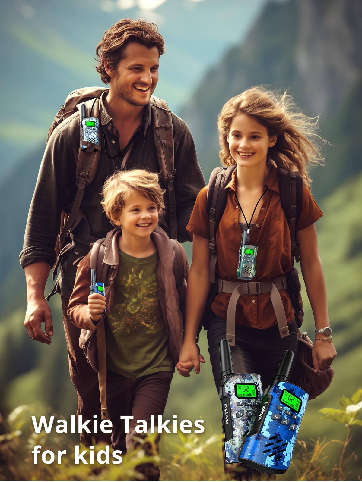 Inspireyes kids walkie talkie ideal for camping, hiking, and park activities.