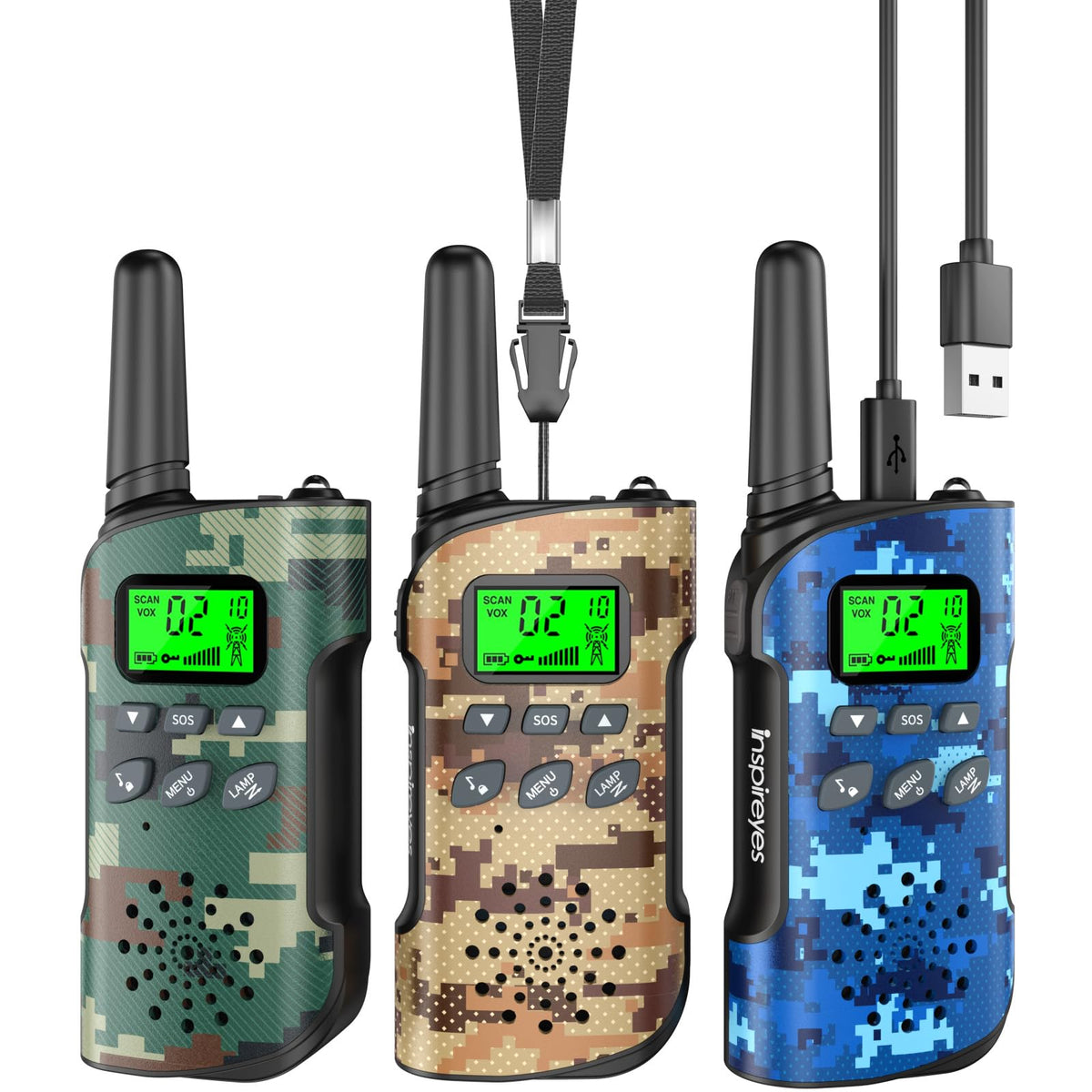 Inspireyes camo walkie talkies front view, kid-friendly design for outdoor play.