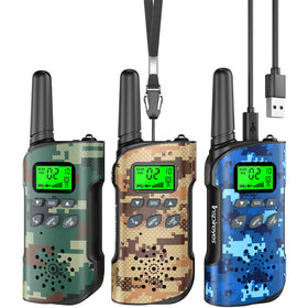 Inspireyes camo walkie talkies front view, kid-friendly design for outdoor play.