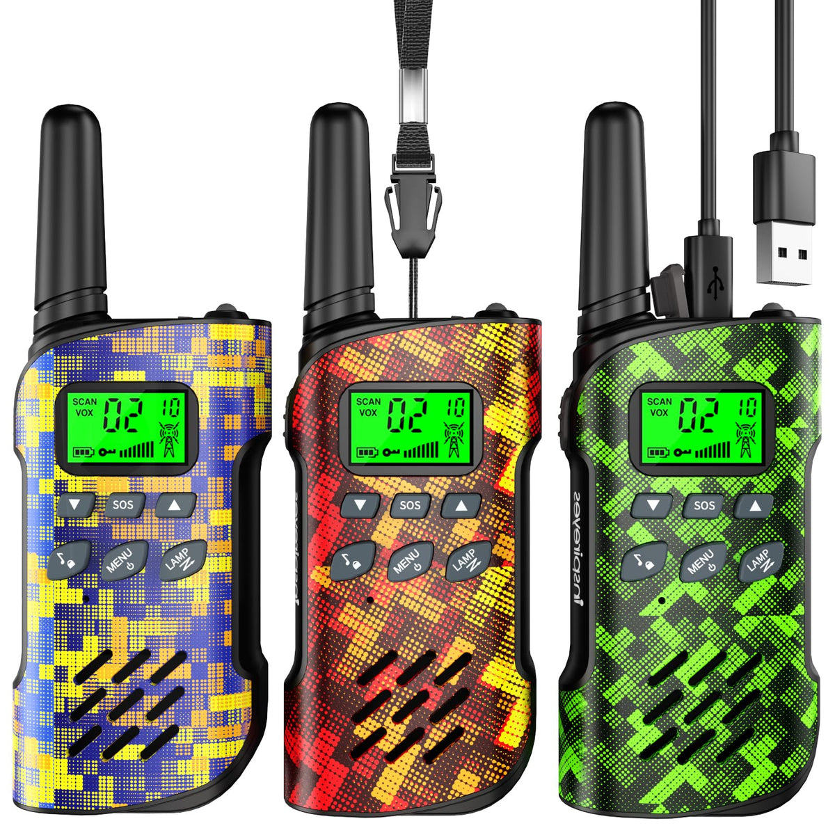Inspireyes Kids Walkie Talkies 3-Pack camouflage design for outdoor exploration.