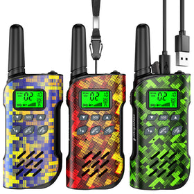 Inspireyes Kids Walkie Talkies 3-Pack camouflage design for outdoor exploration.