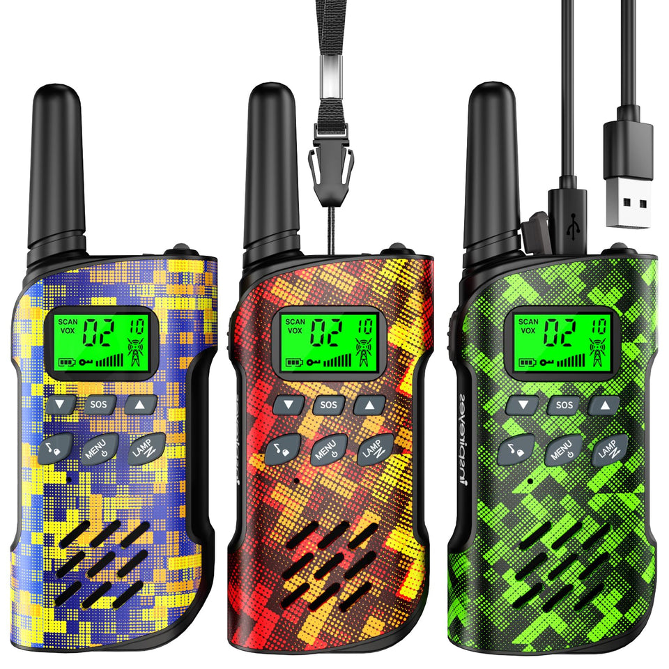 Inspireyes Kids Walkie Talkies 3-Pack camouflage design for outdoor exploration.