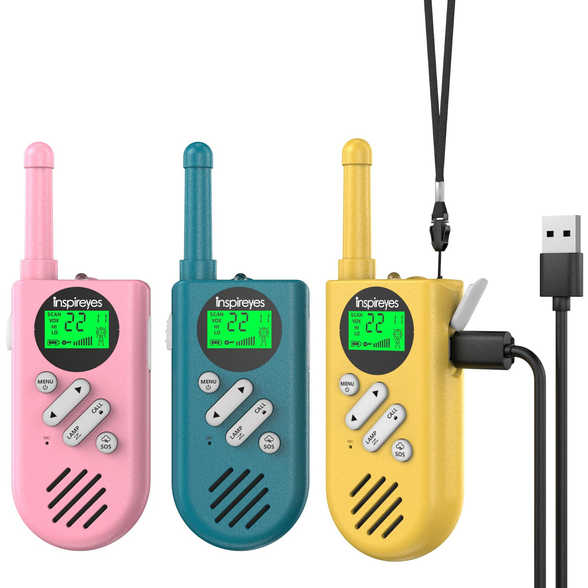 Inspireyes walkie talkies 3-pack front view for easy, outdoors-friendly play.