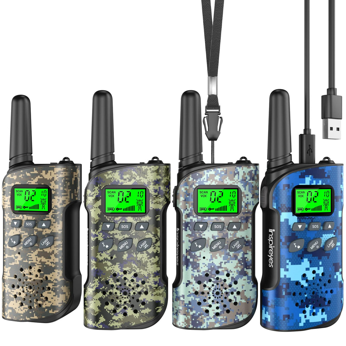 Inspireyes walkie talkies front view camouflage 4-pack for outdoor adventures