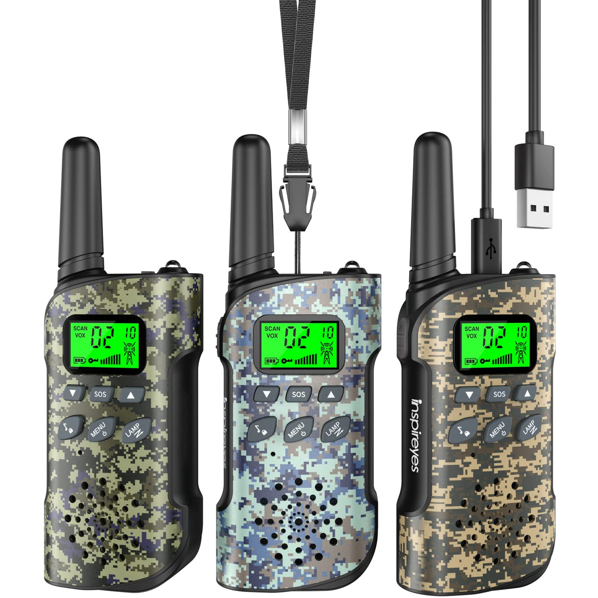 Inspireyes camouflage front view, durable outdoor-ready kids walkie talkies.