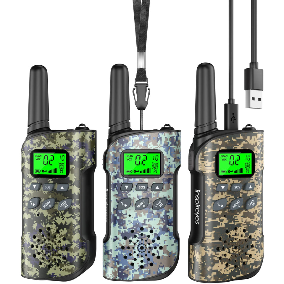Inspireyes camouflage front view, durable outdoor-ready kids walkie talkies.
