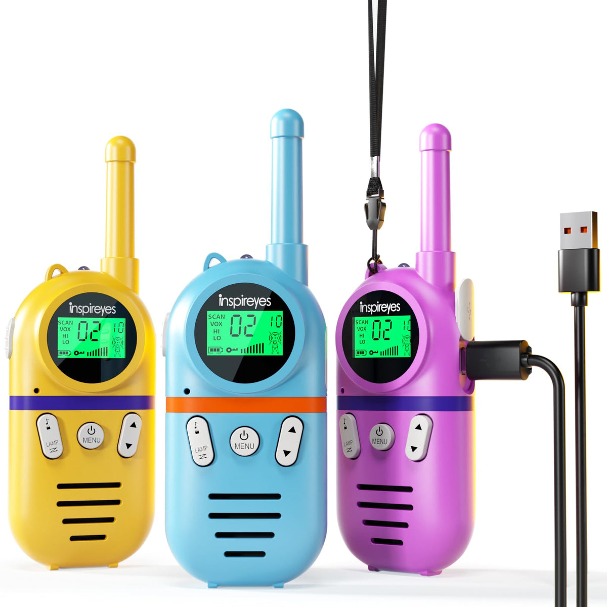 Inspireyes Walkie Talkies for Kids front view shows a compact handheld design.