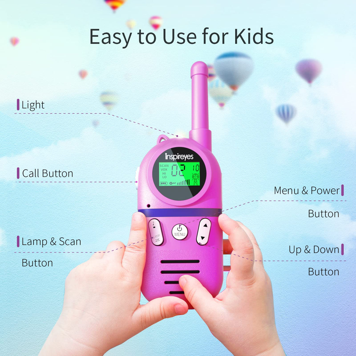 Inspireyes kid handheld walkie talkie with ergonomic grip for easy handling