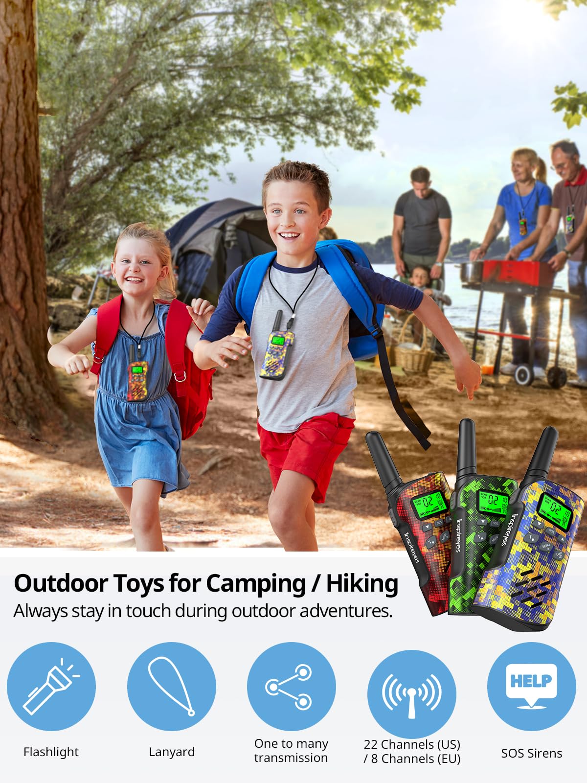Inspireyes walkie talkies with backlit LCD for day and night use.