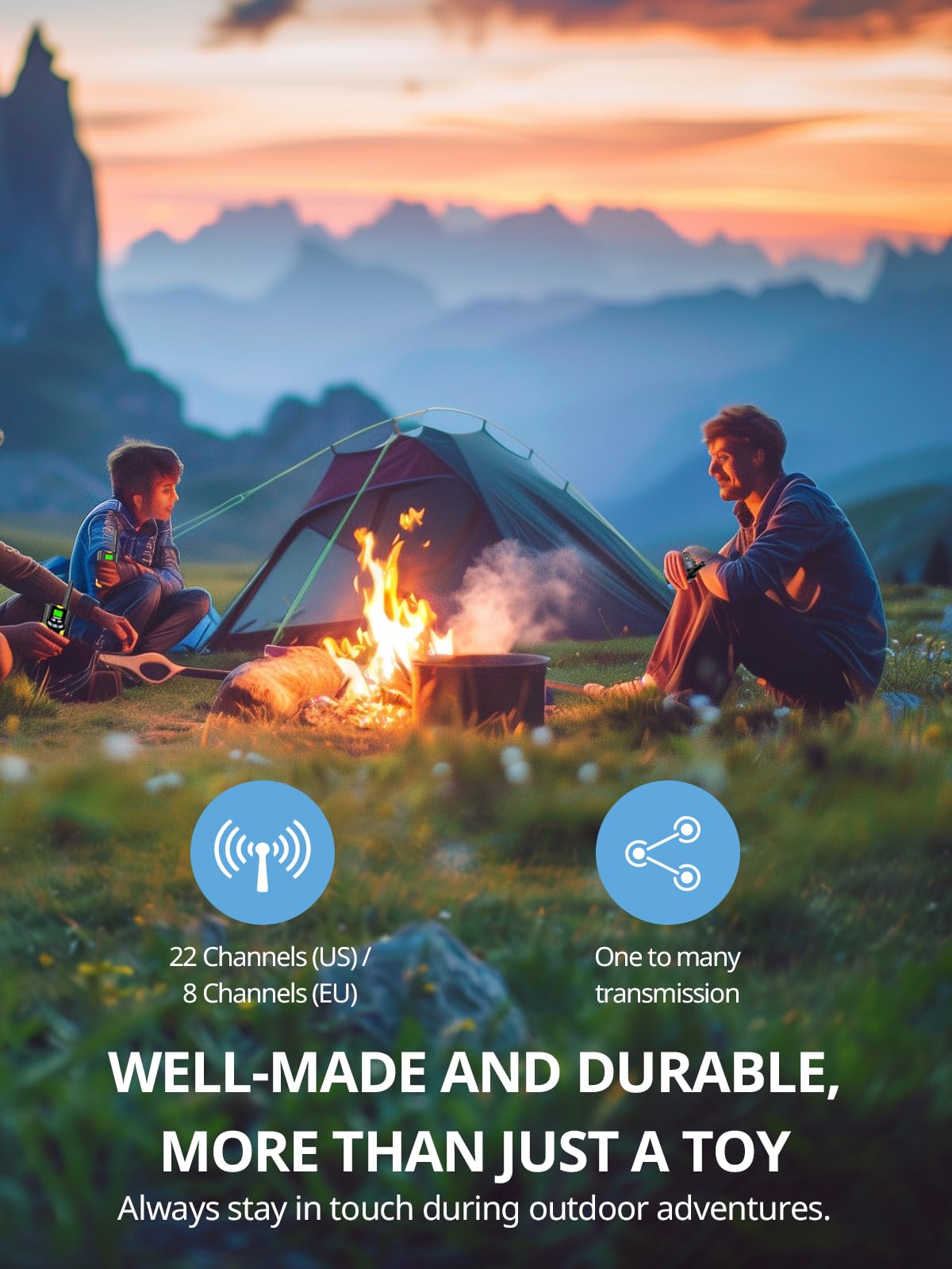 Inspireyes Walkie Talkies packaging highlights rechargeable battery and long playtime.