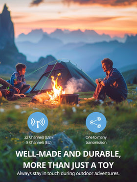 Inspireyes Walkie Talkies packaging highlights rechargeable battery and long playtime.