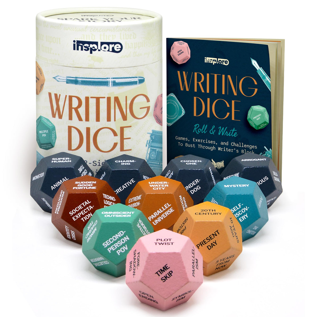 Insplore 12-sided writing dice prompts spark imaginative ideas during writing sessions.