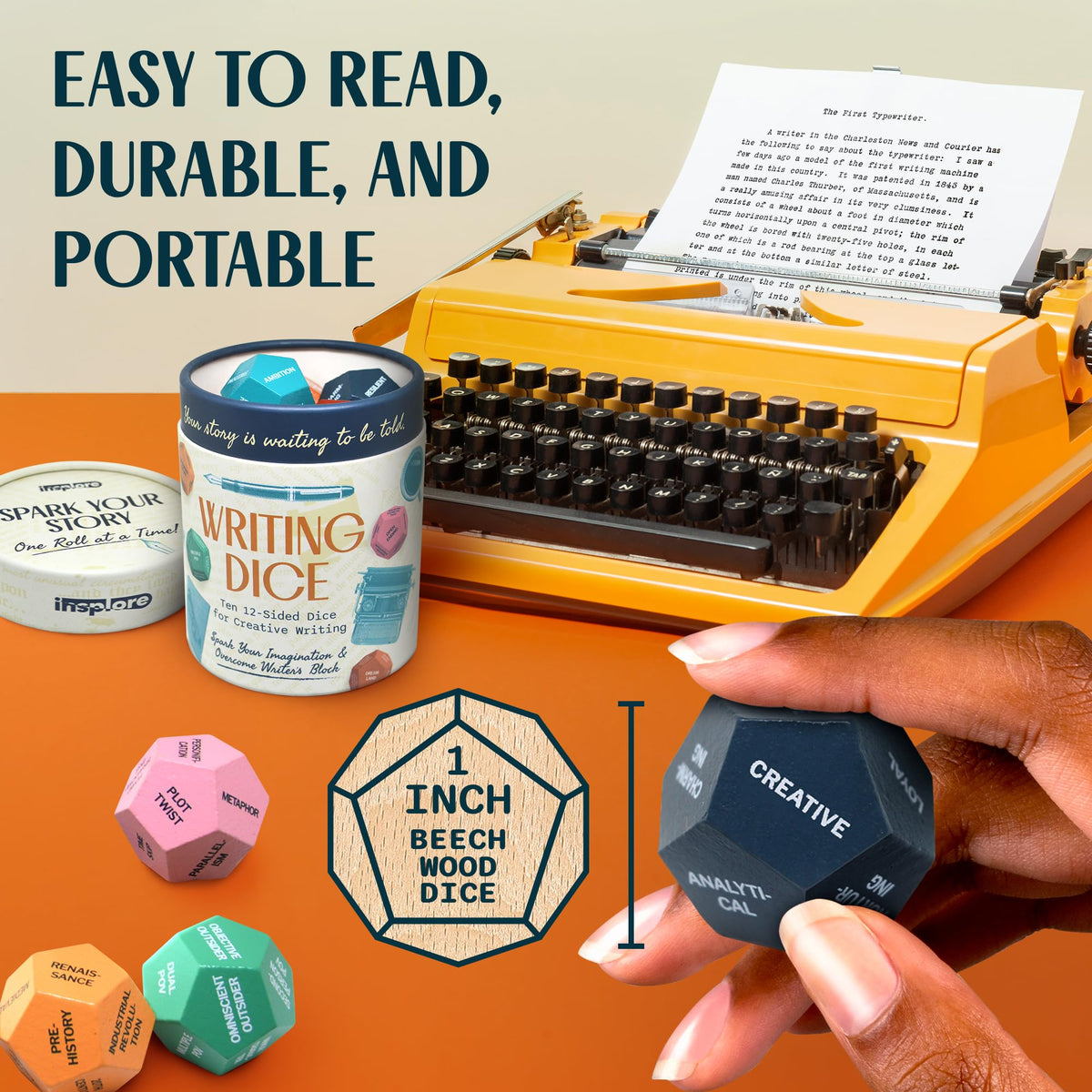 Compact canister keeps dice secure and portable for writing on the go.