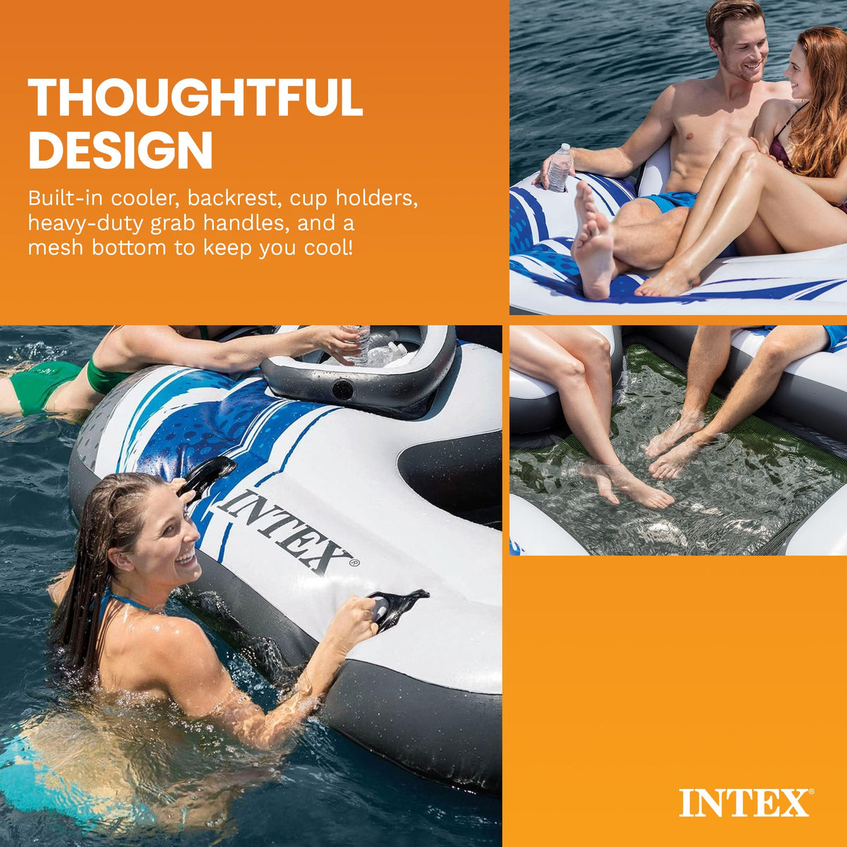 Intex Blue Tropic raft mesh floor stays cool and dry on sunny days