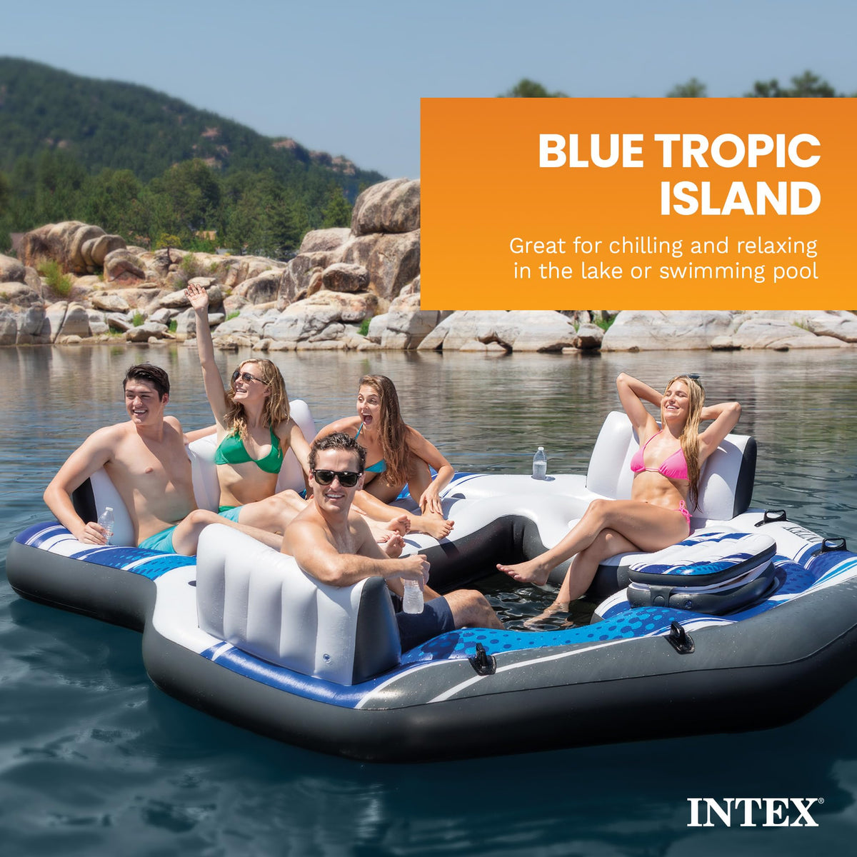Intex Blue Tropic raft backrests provide comfortable lounging on the water