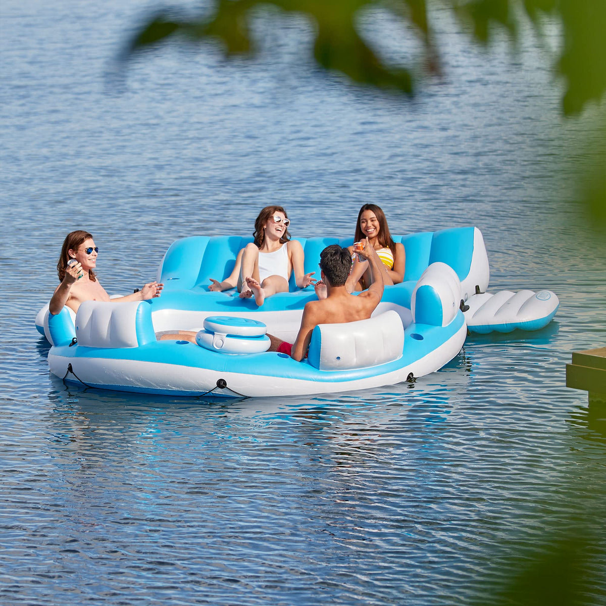 Intex Relaxation Island Lounger shows built-in cooler and cup holders.