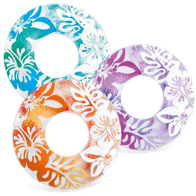 INTEX Clear Color Tube 4-pack with blue flower graphics, ideal for pool play and lounging.