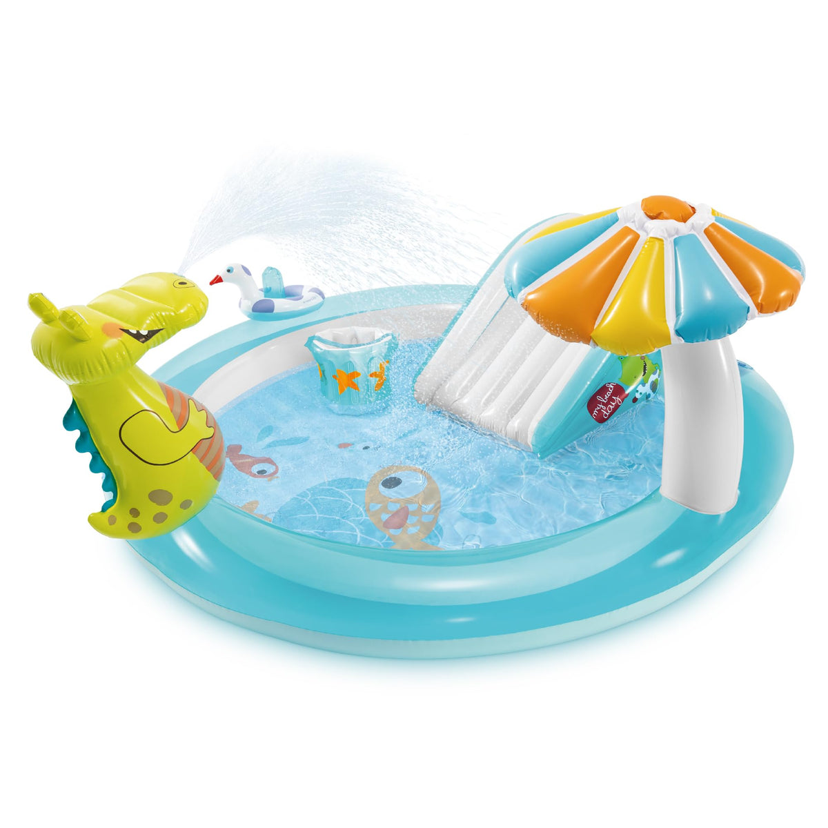 Intex Gator Kiddie Pool with slide for backyard fun, suitable for kids 2 and up