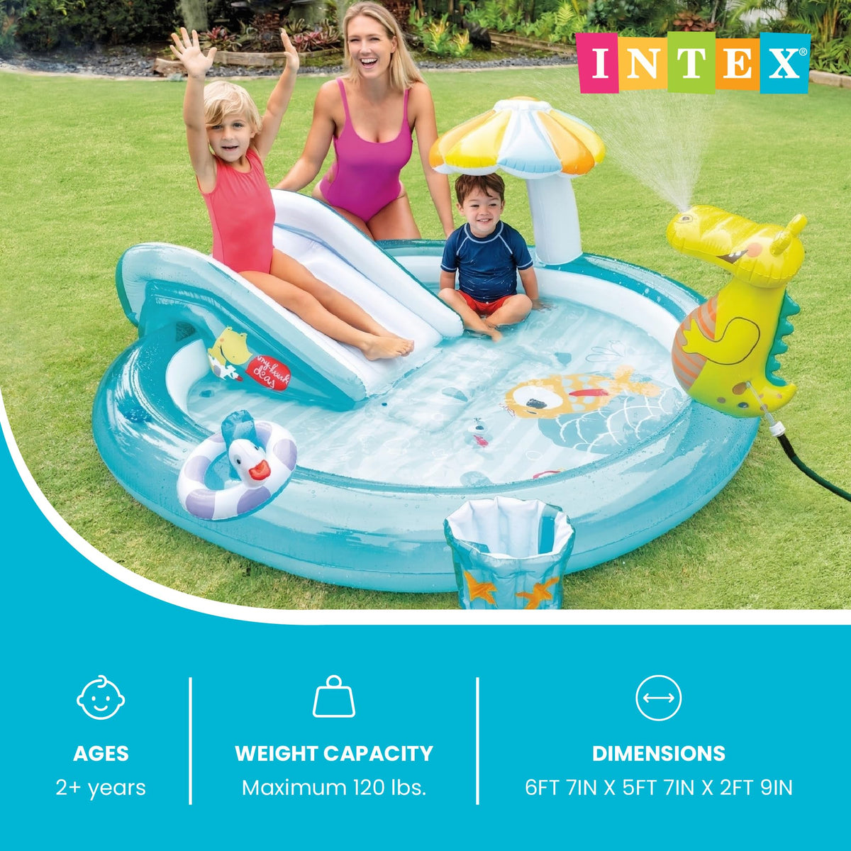 Intex Gator pool with hose-connected water sprayer for cooling fun