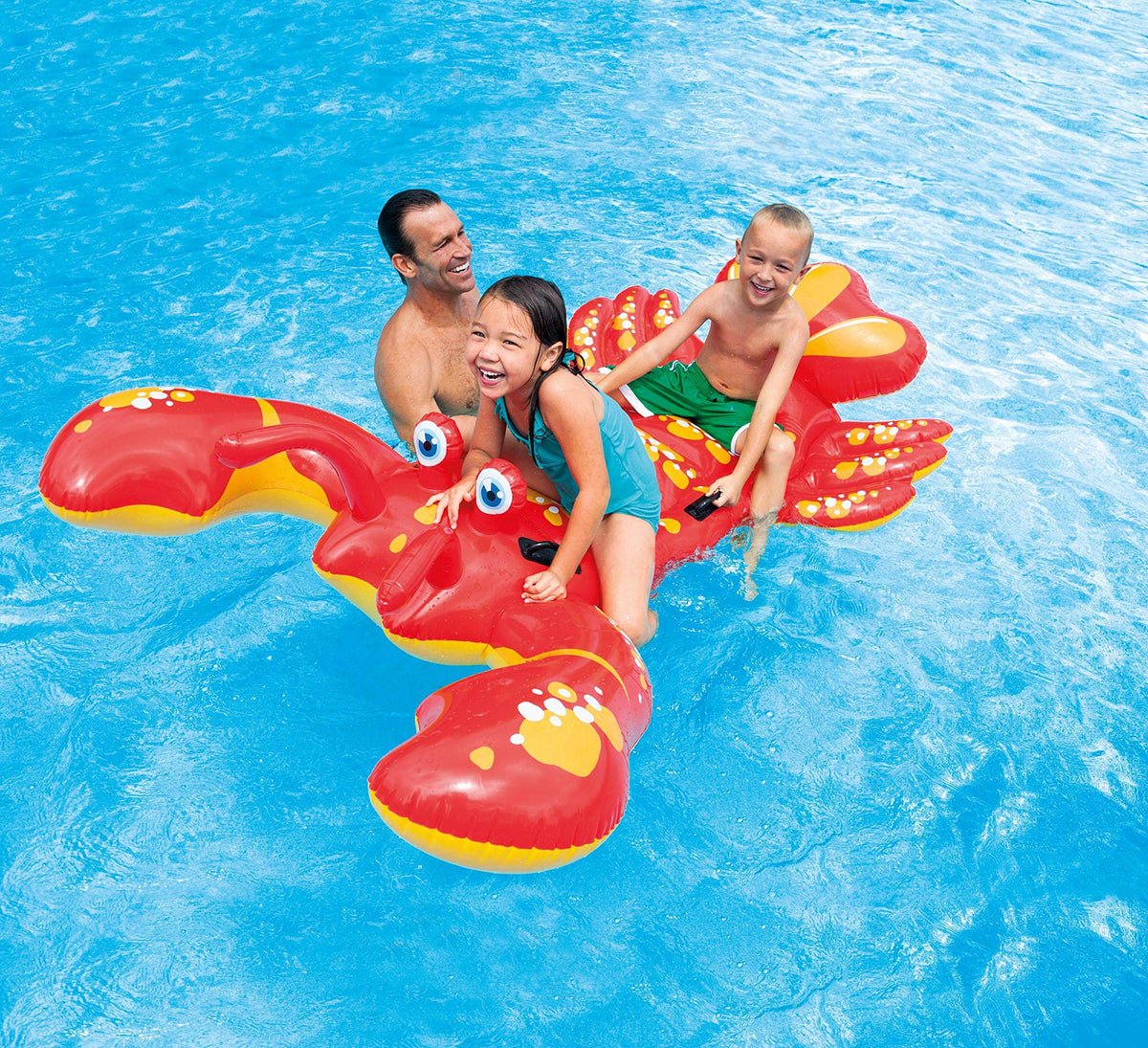 Intex Giant Lobster pool float with two kids enjoying a shared ride.
