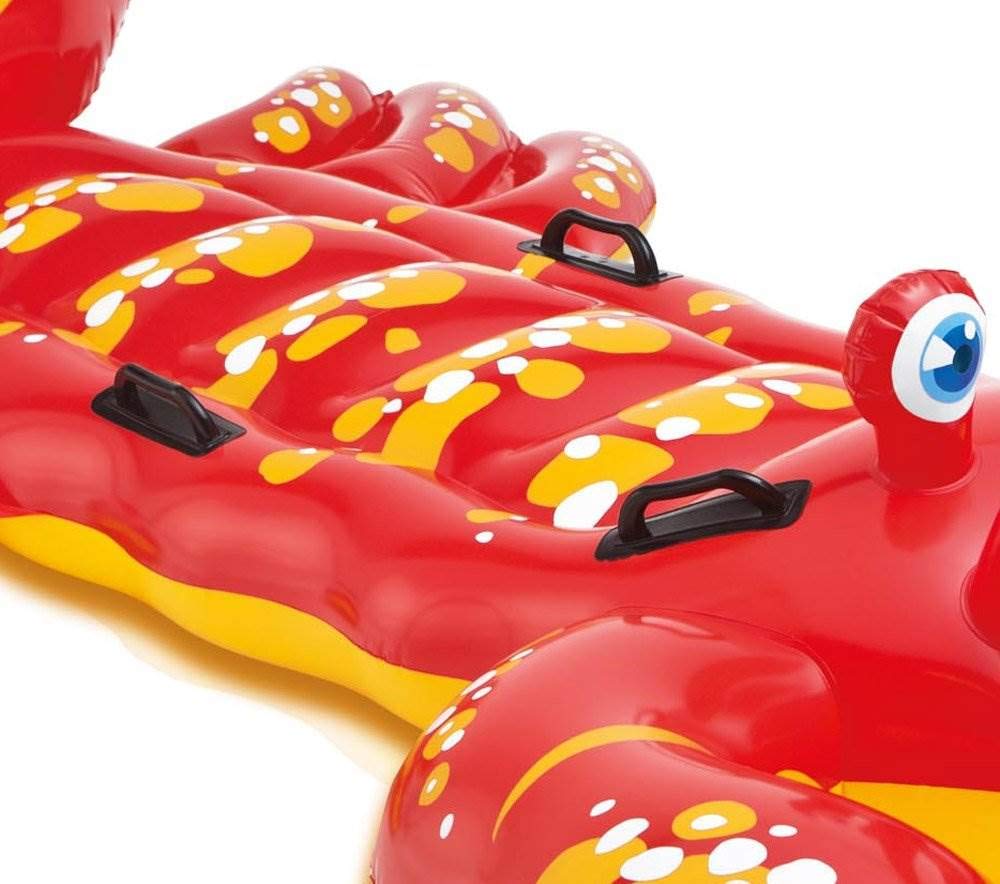 Intex Giant Lobster ride-on front view showing vibrant color and secure grip handles.