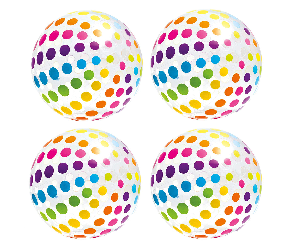 Intex jumbo beach ball set of four with transparent panels for poolside fun.