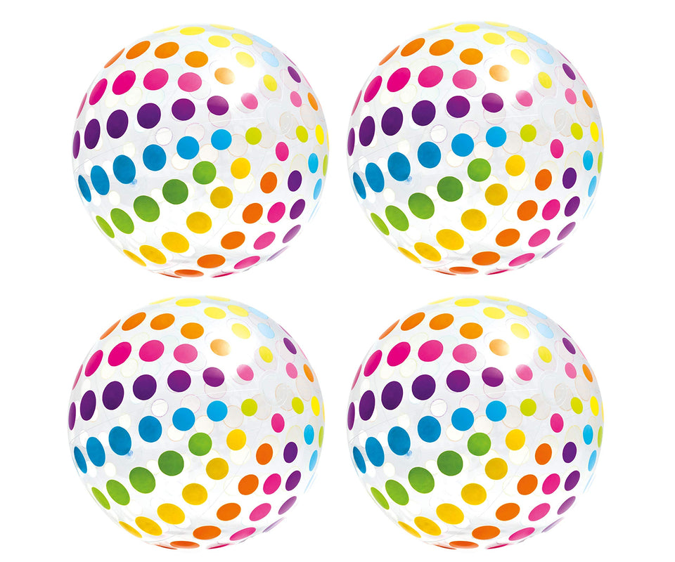 Intex jumbo beach ball set of four with transparent panels for poolside fun.