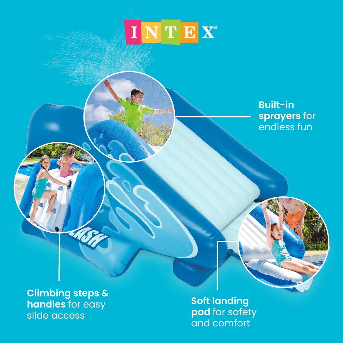 Intex Kool Splash built-in sprayers delivering refreshing mist during play.