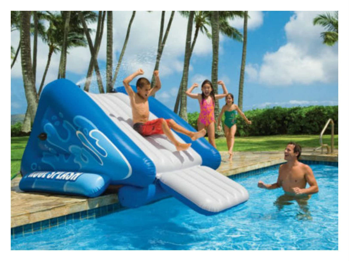 Intex Kool Splash pool slide hose attachment demonstrates built-in sprayers for cooler, splashy play