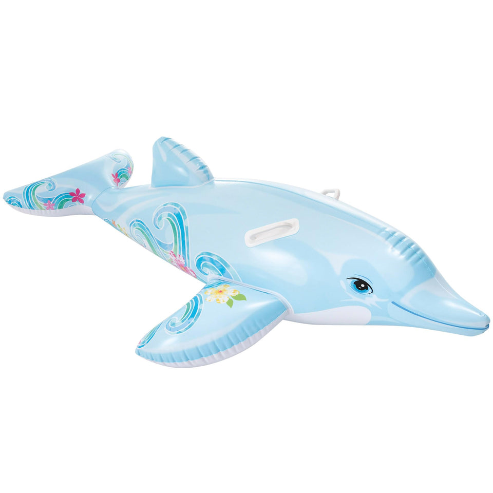 Intex Lil Dolphin ride-on front view shows a sturdy kid-friendly float.