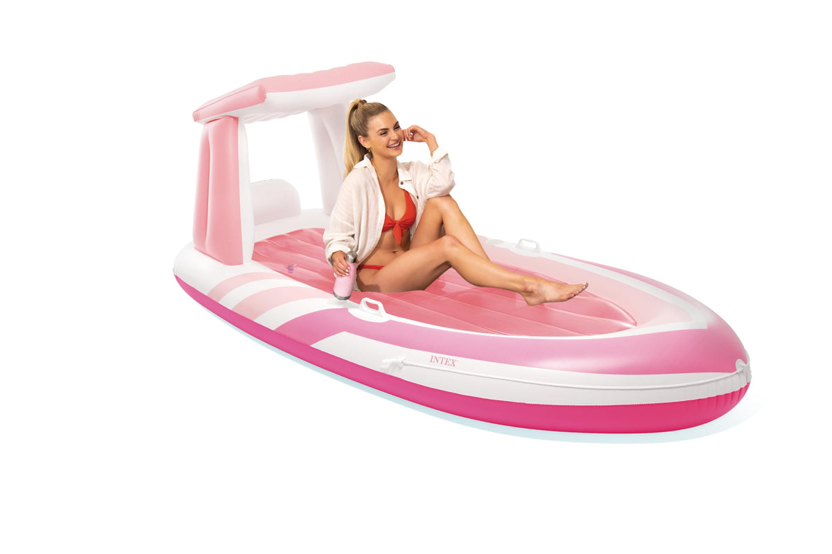 Intex Pink Paradise Boat Float with bimini top offering shade and comfort.