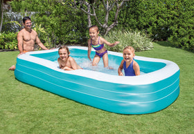 Intex Swim Center blue walls with easy-drain plug for simple water release.