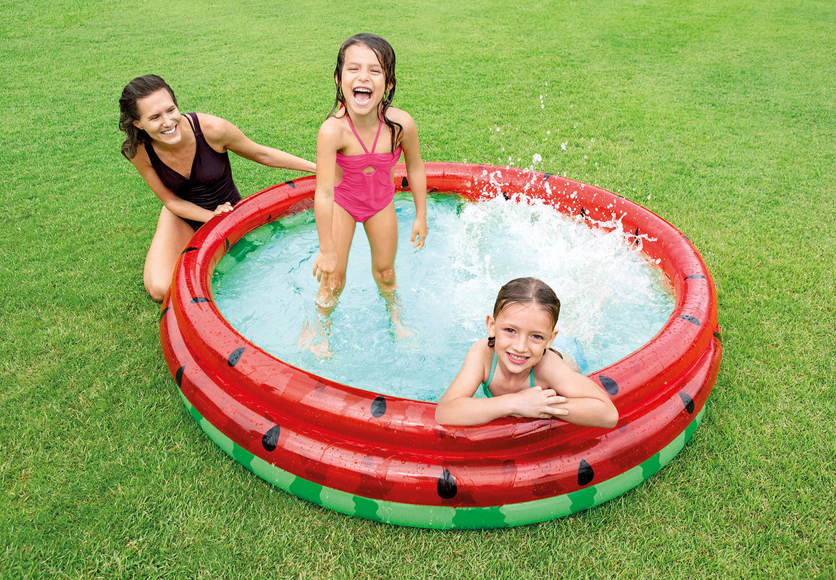 Intex watermelon pool shallow setup ideal for wading and toys.