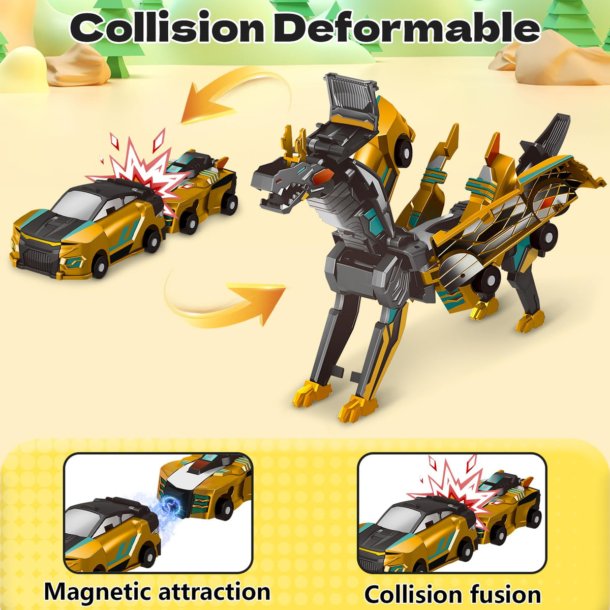 Intoypad collision dinosaur car toy magnetic system enables easy, mess-free transformation during playtime.