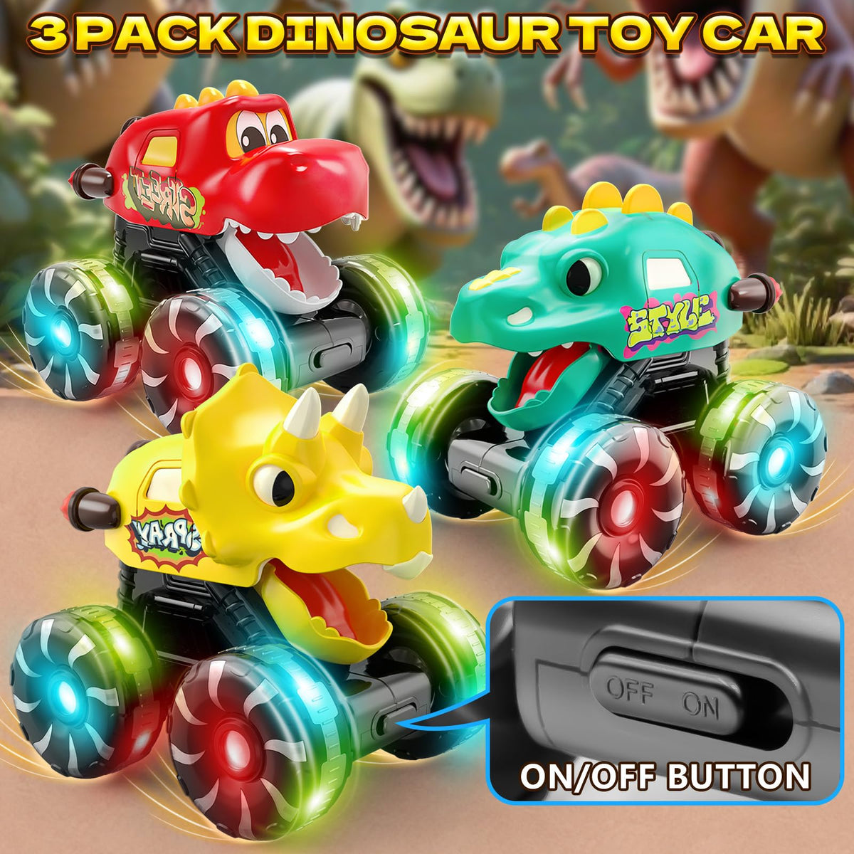 Intoypad dinosaur trucks in gift box, ready for birthday surprise.