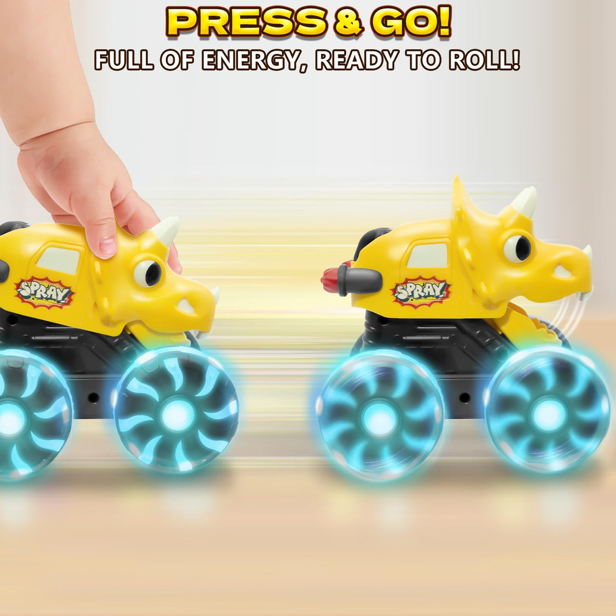 Intoypad dinosaur truck closeup on four LED wheels for night play.