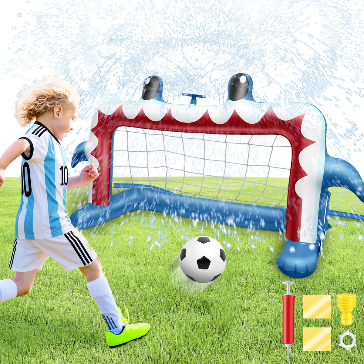 Intoypad Shark Soccer Goal setup shows easy inflation and hose connection for backyard fun.