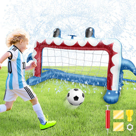 Intoypad Shark Soccer Goal setup shows easy inflation and hose connection for backyard fun.