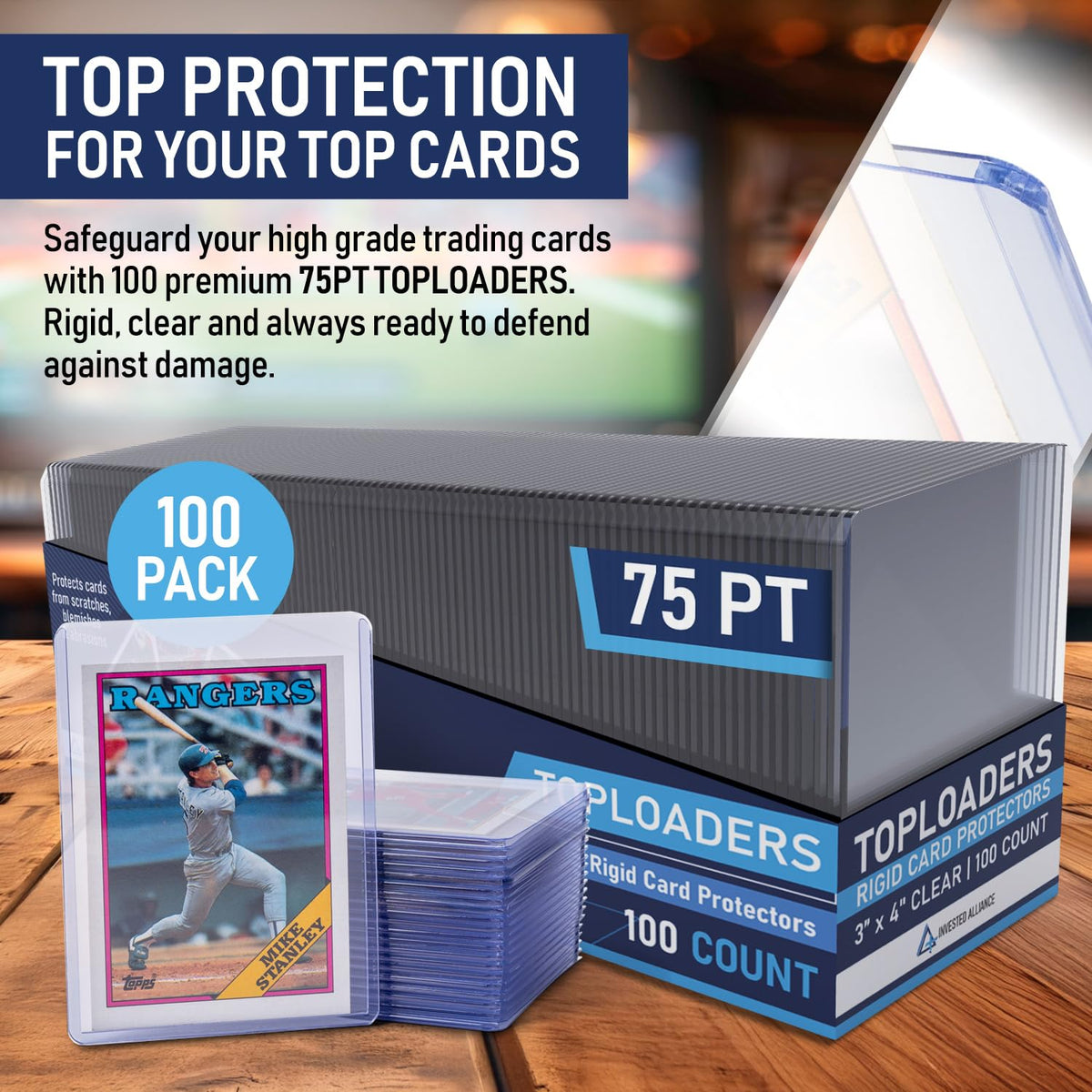 Invested Alliance top loader visual shows thick 75pt card compatibility