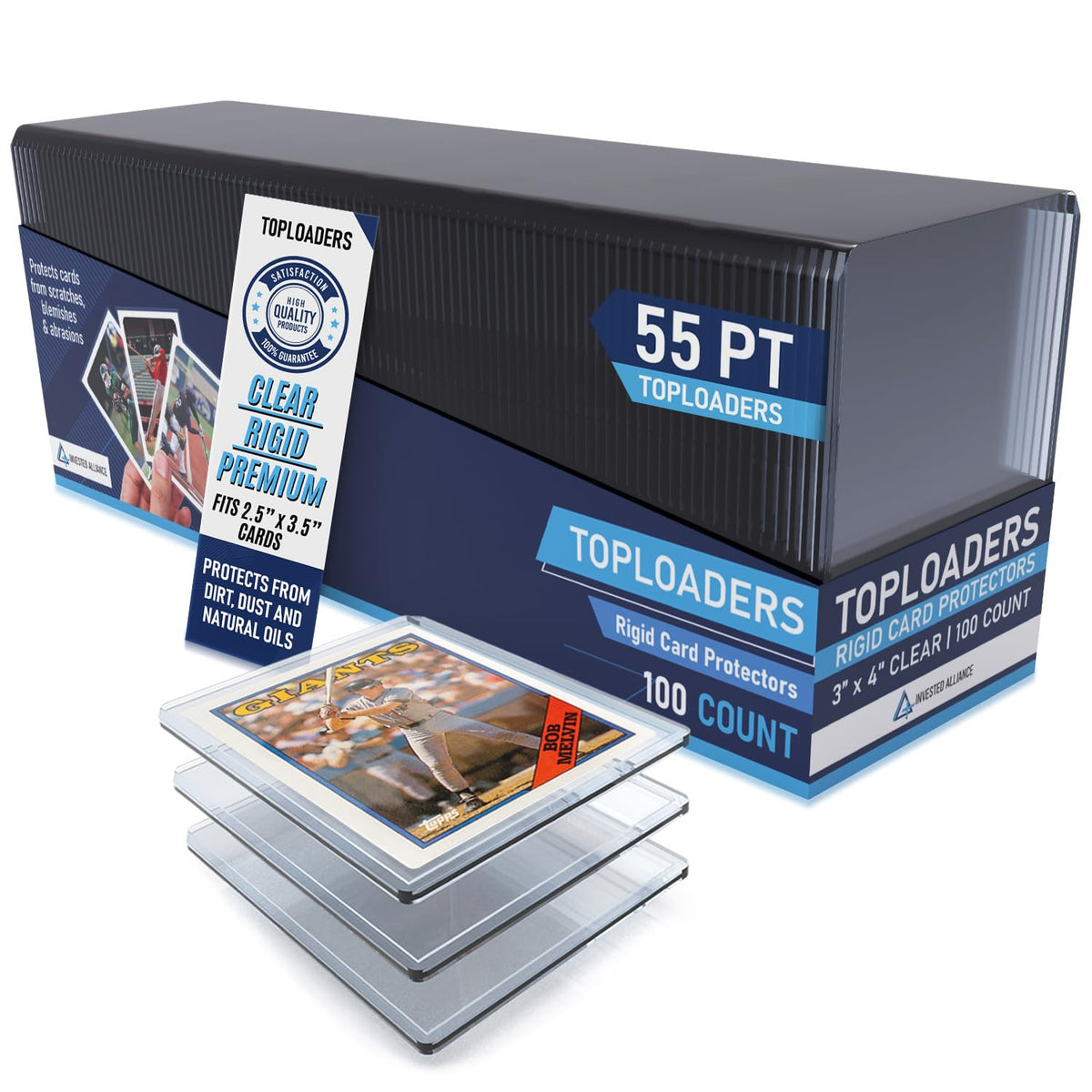 Invested Alliance top loader with 55pt open-side design protects trading cards during handling.