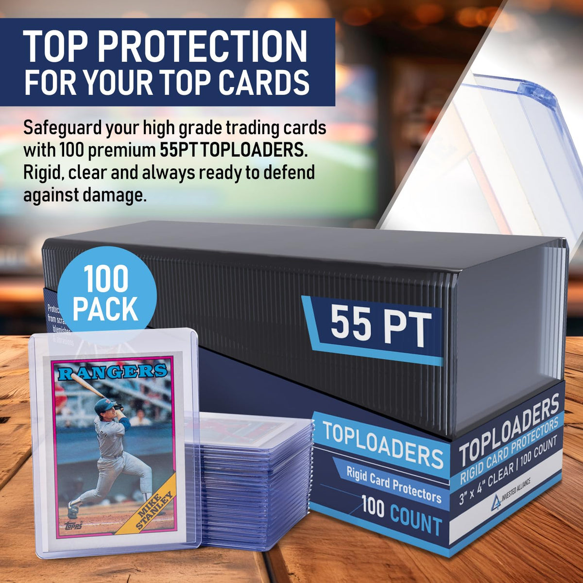 Invested Alliance top loader in clear rigid plastic keeps cards safe from damage.