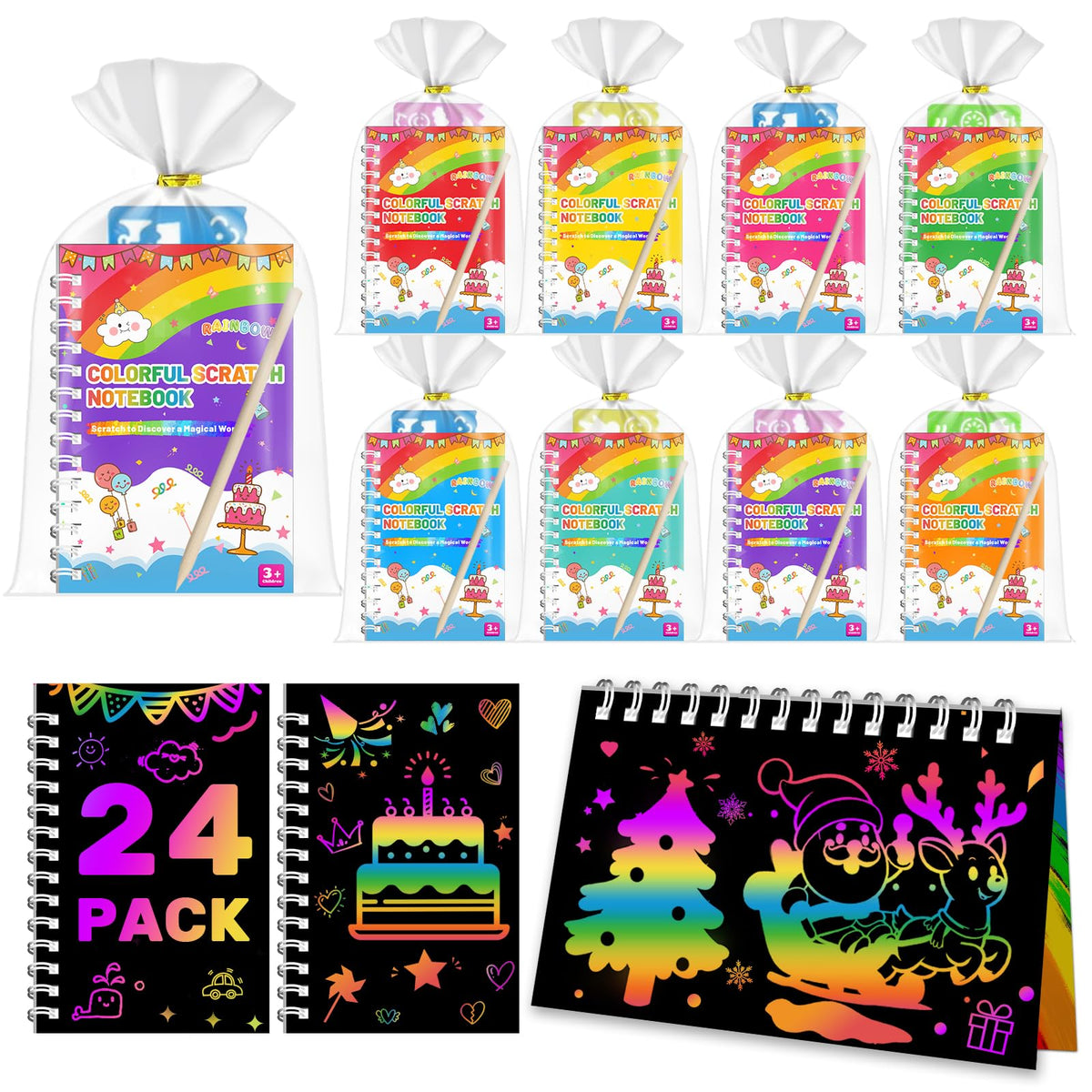 iooo Rainbow Scratch Art Notebooks – vibrant rainbow colors for party favors and classroom activities.