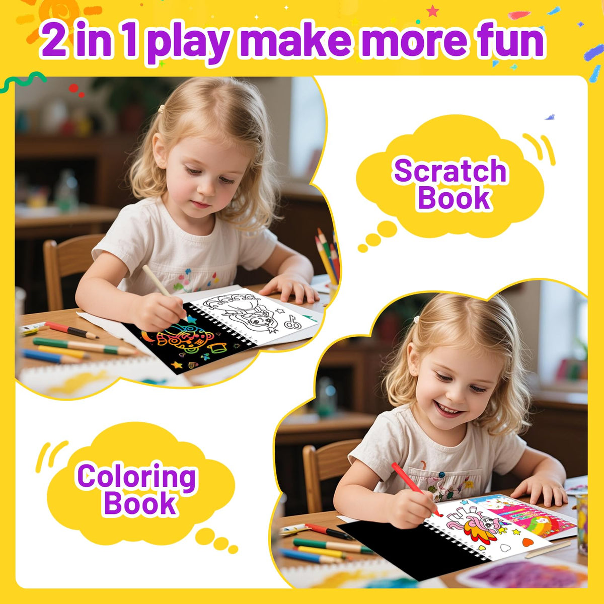 iooo Two-in-One Scratch Art Notebook – scratch to reveal colors, then color later.