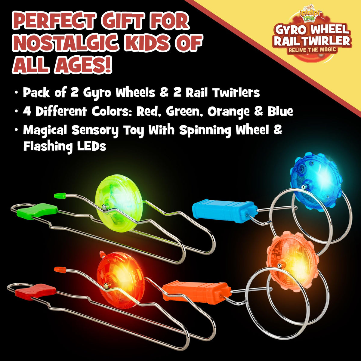 IPIDIPI TOYS gyro wheel glows while spinning for visual stimulation.
