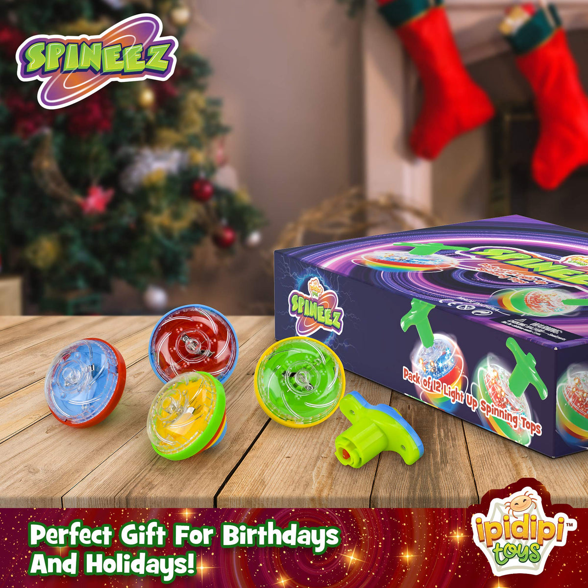 IPIDIPI TOYS Spineez blue light-up top packaging shot emphasizes 12-pack value