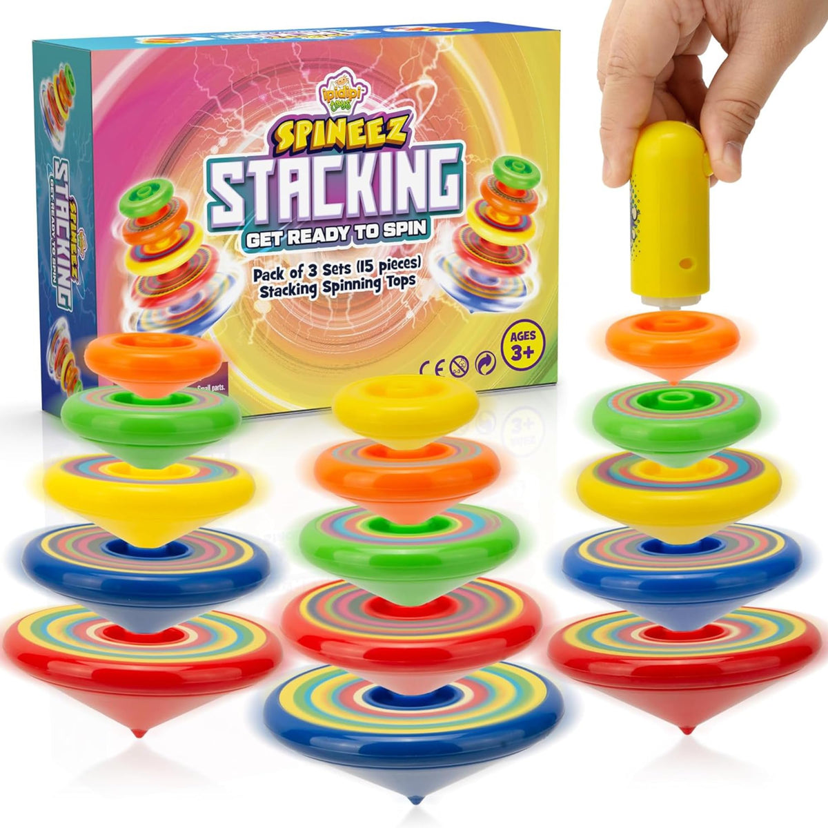 IPIDIPI TOYS Spineez stacking tops hero shot, colorful play boosts stacking skills and imagination.