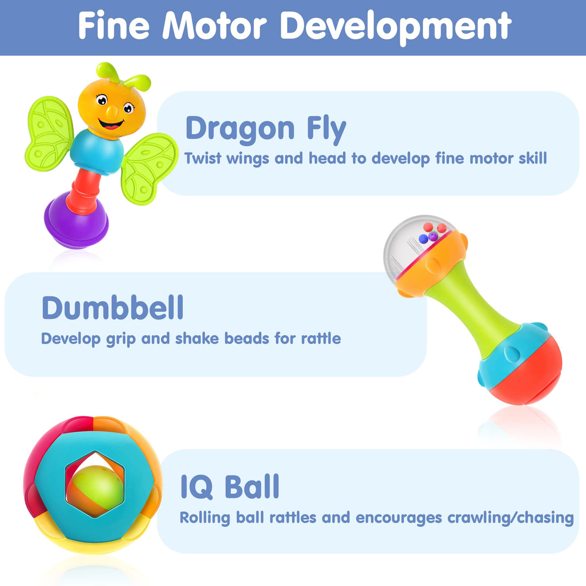 iPlay Baby Rattle Set uses bright colors and patterns for eye tracking.