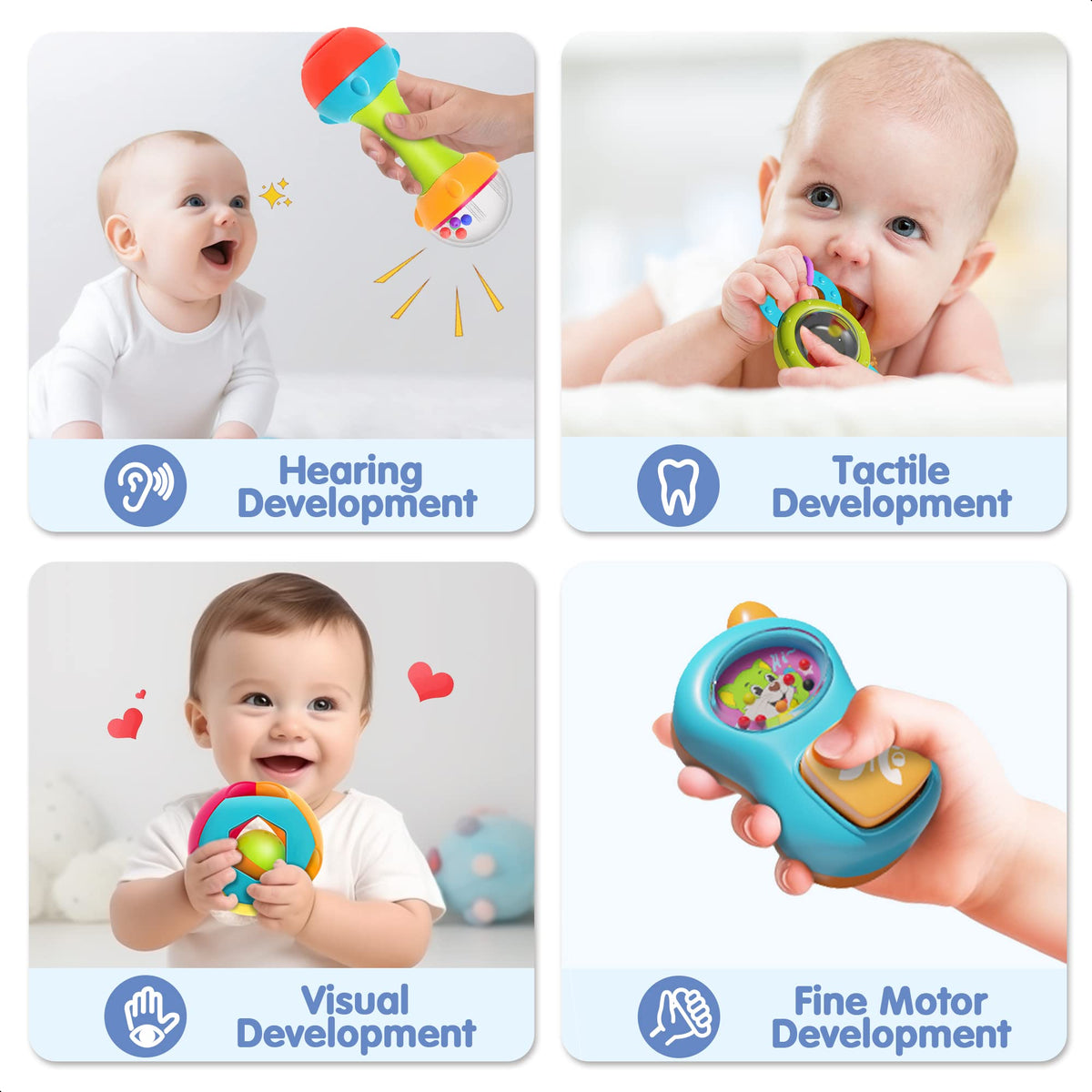 iPlay Baby Rattle Set features different shapes for grasp and play.