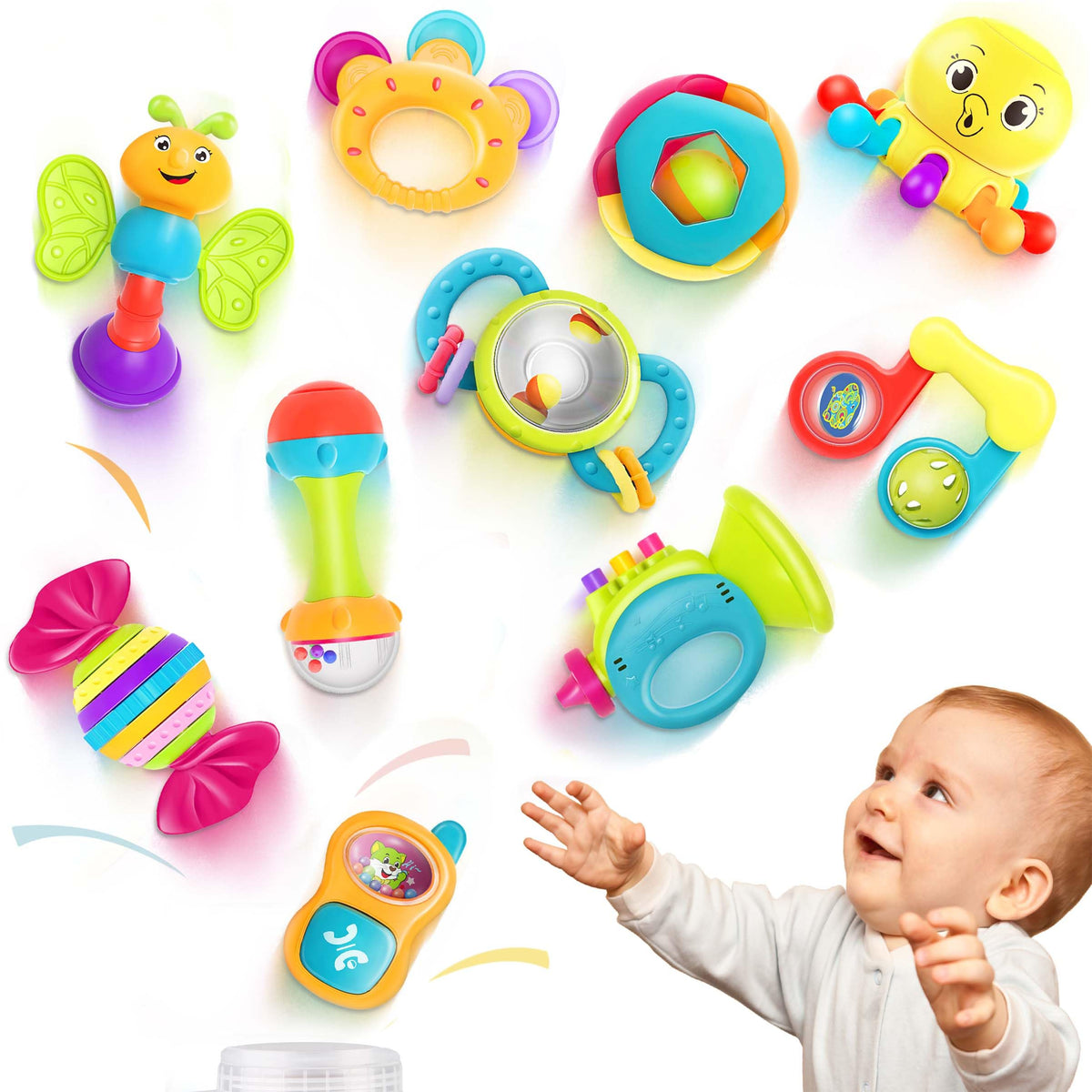 iPlay Baby Rattle Set with grip varieties supports fine motor exploration.